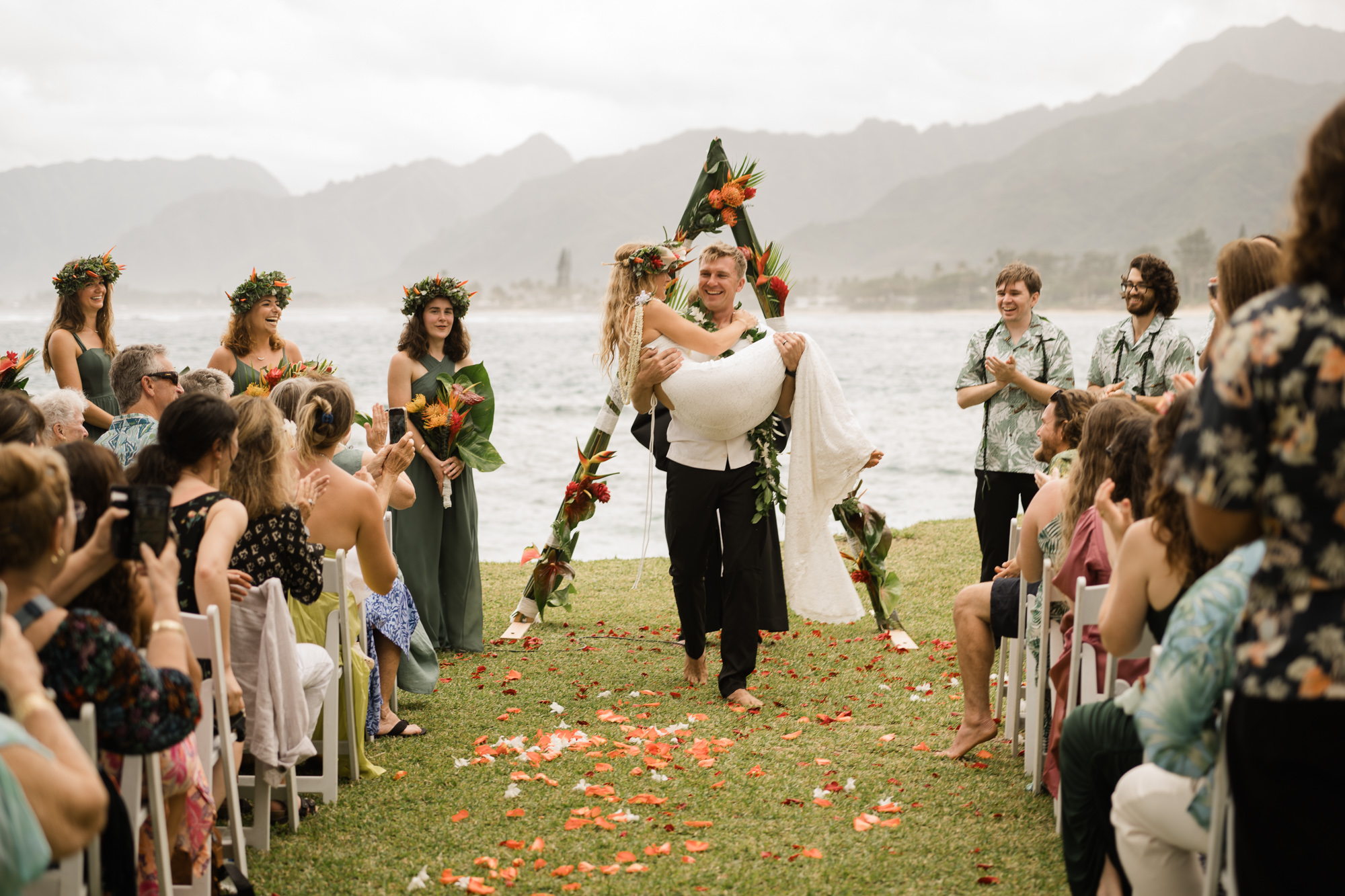 Bride and groom embracing during an intimate coastal destination wedding elopement
